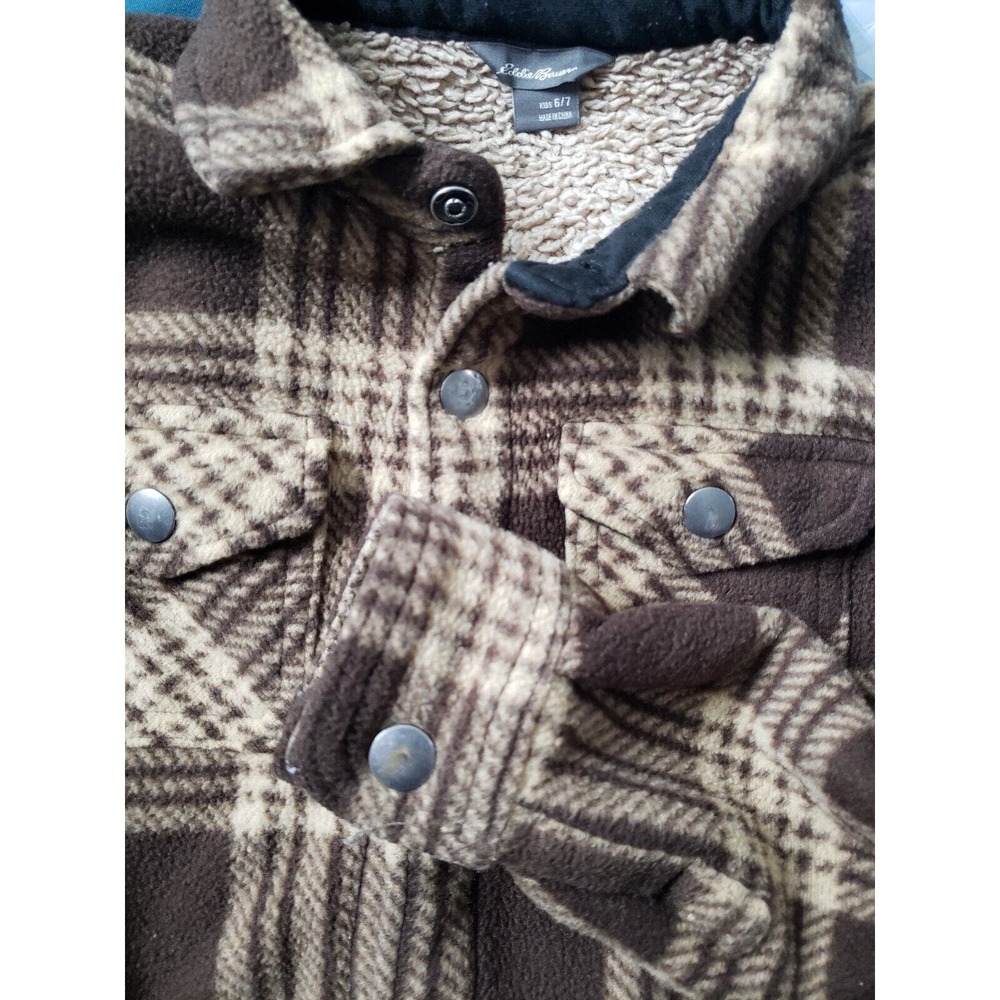 Eddie Bauer Boy's Snap Button Fleece Sherpa Lined Shirt Jacket Brown‎ Plaid 6/7